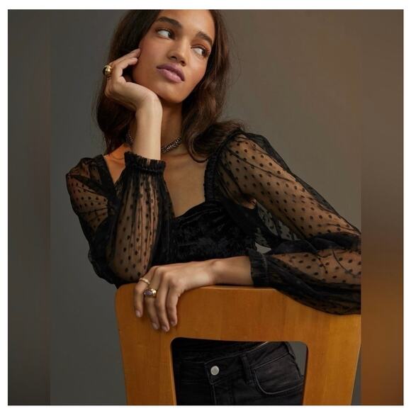 Anthropologie Porridge Black Velvet Lace Up Back Top Small Swiss Dot Puff Sleeve - Picture 2 of 12